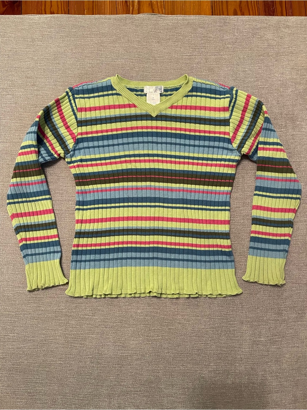 The Children's Place Striped Ribbed V-Neck Sweater Lime Blue Pink Girls S (5/6)